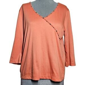 Orange Embellished V Neck Cotton Blend Tee Size Medium